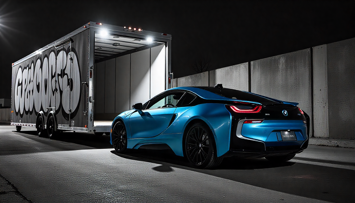 Luxury car loaded in an enclosed trailer