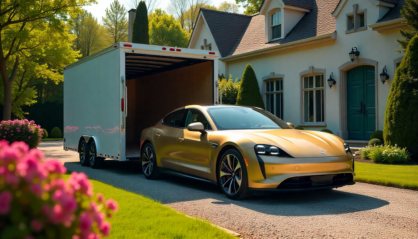 Luxury car being delivered from an enclosed trailer